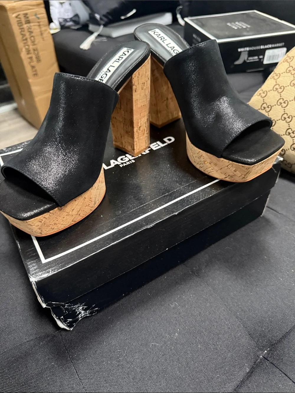 Karl Lagerfeld Black Open-Toe Cork Platform Mules